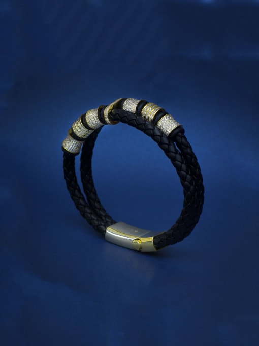 Gold [b 0856] 925 Sterling Silver Rhinestone Artificial Leather Geometric Hip Hop Bracelet